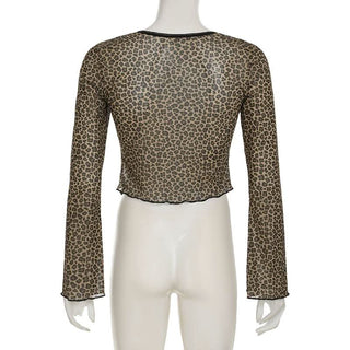 Leopard print long sleeve mesh crop top