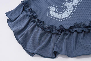 Halter â€œ3â€ print ribbed ruffle lace hem pant set