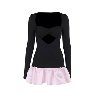 Long sleeve hollow out ribbed ruffle v neck cut out mini dress