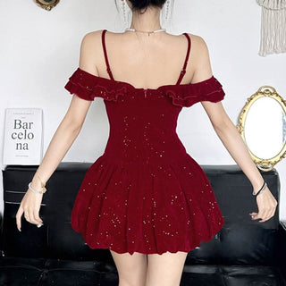 Glitter velvet ruffle flower applique 2-way cami mini dress
