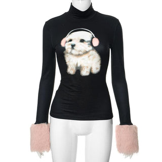 Long sleeve high neck fluffy dog pattern top