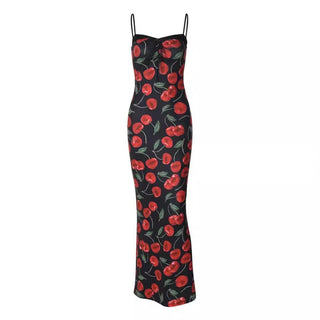 Fruit print lace hem knotted cami maxi dress