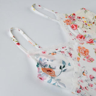 V neck lace hem flower print cami mini dress