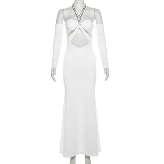 Halter o ring hollow out gloves metal chain mesh cut out maxi dress