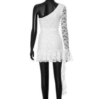 One shoulder long sleeve lace ruffle mini dress