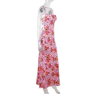 Cross back self tie flower print cami maxi dress