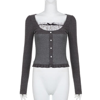 Ruffle polka dot patchwork button long sleeve contrast top