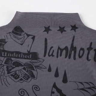 High neck long sleeve mesh butterfly print top