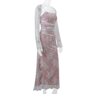 Long sleeve lace ruched shrug lace up 2 piece midi dress-final-sale