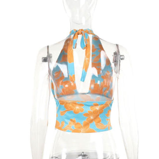 Self tie halter flower print backless contrast top