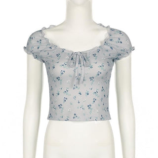 Short sleeve knotted ruffle ribbed print top