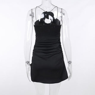 Ruched flower applique hollow out backless slit cut out mini dress