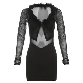 Feather v neck mesh long sleeve button mini dress