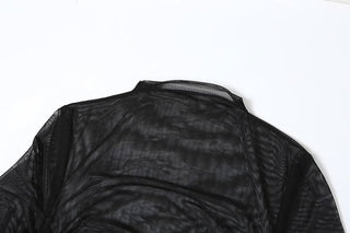 Long sleeve mesh see through ruched maxi dress