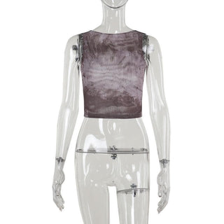 Lace hem tie dye backless contrast top