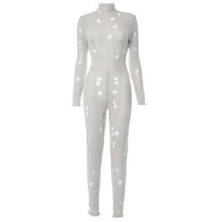 Crochet hollow out high neck lace up solid jumpsuit-final-sale