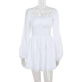 Long sleeve self tie square neck smocked mini dress