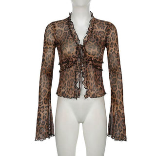 Leopard print long flared sleeve mesh ruffle self tie top