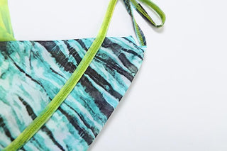 Cowl neck halter self tie print sheer mesh backless top