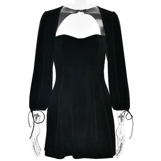 Long sleeve sweetheart neck velvet hollow out cut out mini dress