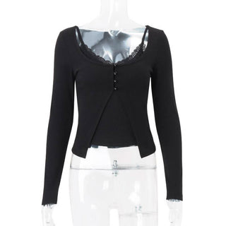 U neck long sleeve lace hem 2 piece cami top