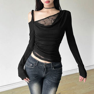 Irregular long sleeve ruched lace hollow out cut out top
