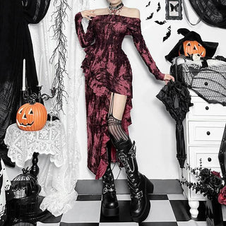 Off shoulder long sleeve slit ruffle contrast midi dress