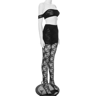 Off shoulder lace see through solid pant set