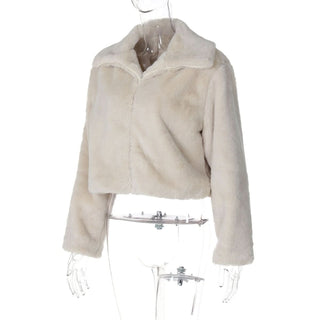 Turnover collar long sleeve fluffy zip-up top