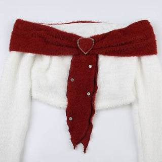 Long sleeve off shoulder fluffy sweetheart applique crop top