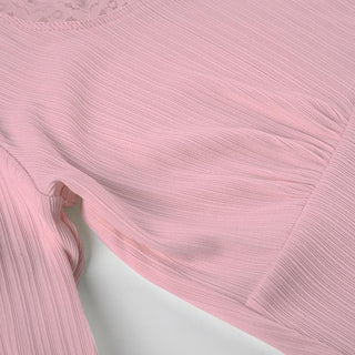 U neck long sleeve lace hem self tie crop top