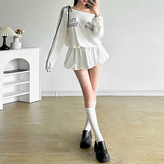 Irregular long sleeve ruched letter pattern mini dress