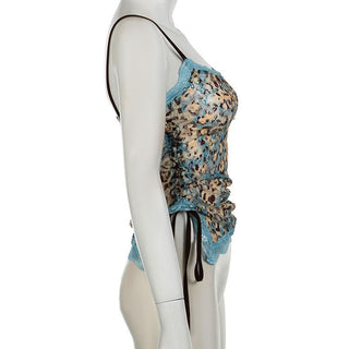 Lace leopard print irregular knotted cami top