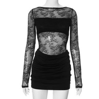 Long sleeve lace crewneck patchwork ruched mini dress