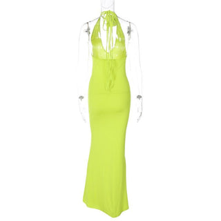 Solid v neck halter backless flower applique self tie maxi dress