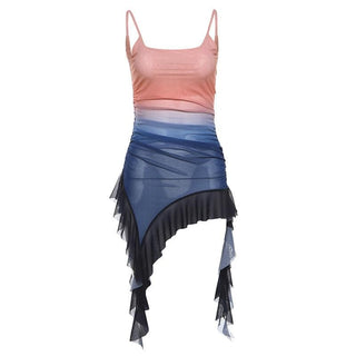 U neck sheer mesh gradient irregular ruffle cami top