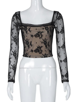 Long sleeve square neck lace patchwork top