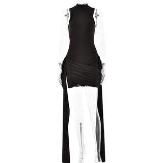 High neck ruffle ruched solid mini dress