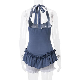 Halter â€œ3â€ print ribbed ruffle lace hem pant set