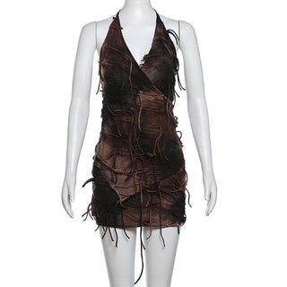 Halter tie dye v neck tassels mini dress