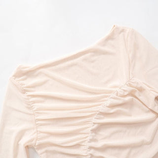 Long sleeve sheer mesh off shoulder ruched crop top