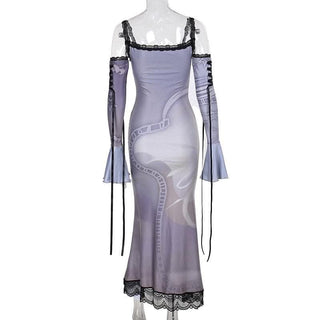 Long flared sleeve off shoulder cross print lace cami maxi dress-final-sale