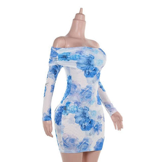 Off shoulder long sleeve flower print mesh mini dress