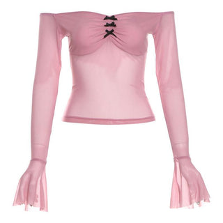 Bowknot long flared sleeve off shoulder mesh ruched top