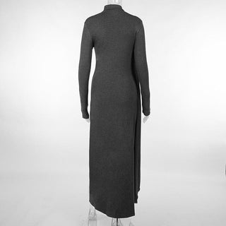 Long sleeve slit high neck solid maxi dress