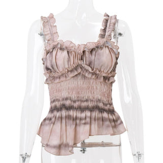 Ruffle tie dye smocked sweetheart neck cami top