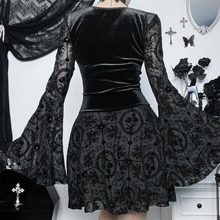 Flared sleeve velvet lace up solid patchwork mini dress
