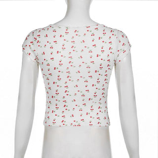 Cap sleeve textured cherry print bowknot lace hem top