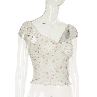 Short puff sleeve rose print lace hem ruched top