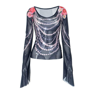 Long flared sleeve u neck beaded print sheer mesh top